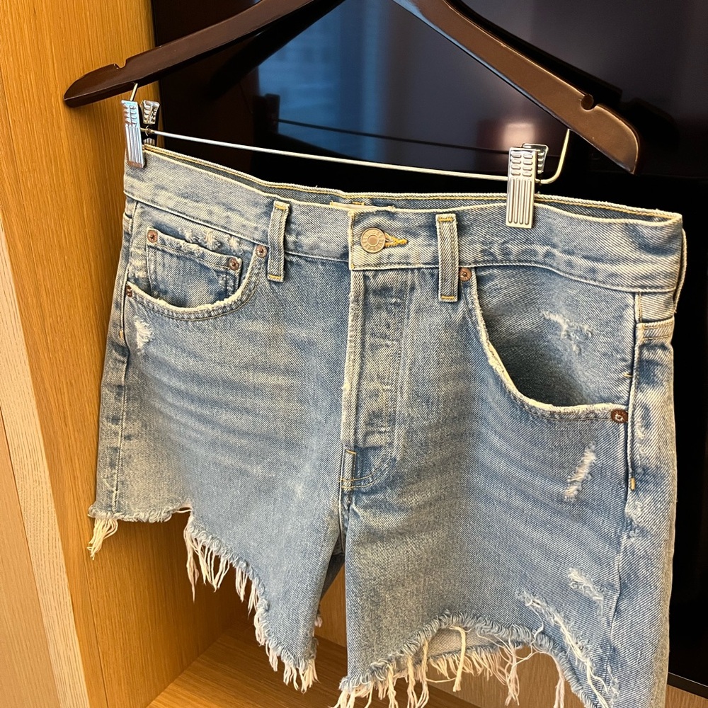Agolde Parker Long Short Blue Jean Shorts High-Waisted Frayed Hem in Swapmeet